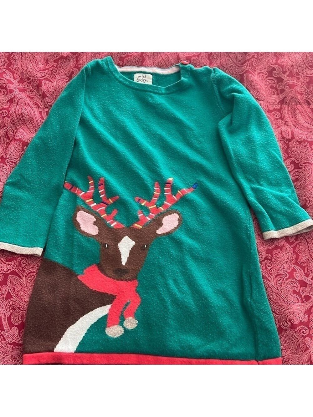 MINI BODEN girls 3-4y Christmas reindeer dress. Green.
